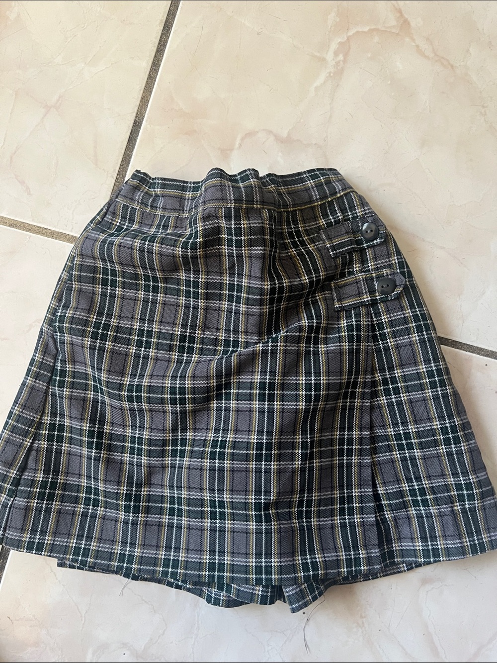Girls' Plaid Skort with Side Button Detail in Green and Gray
